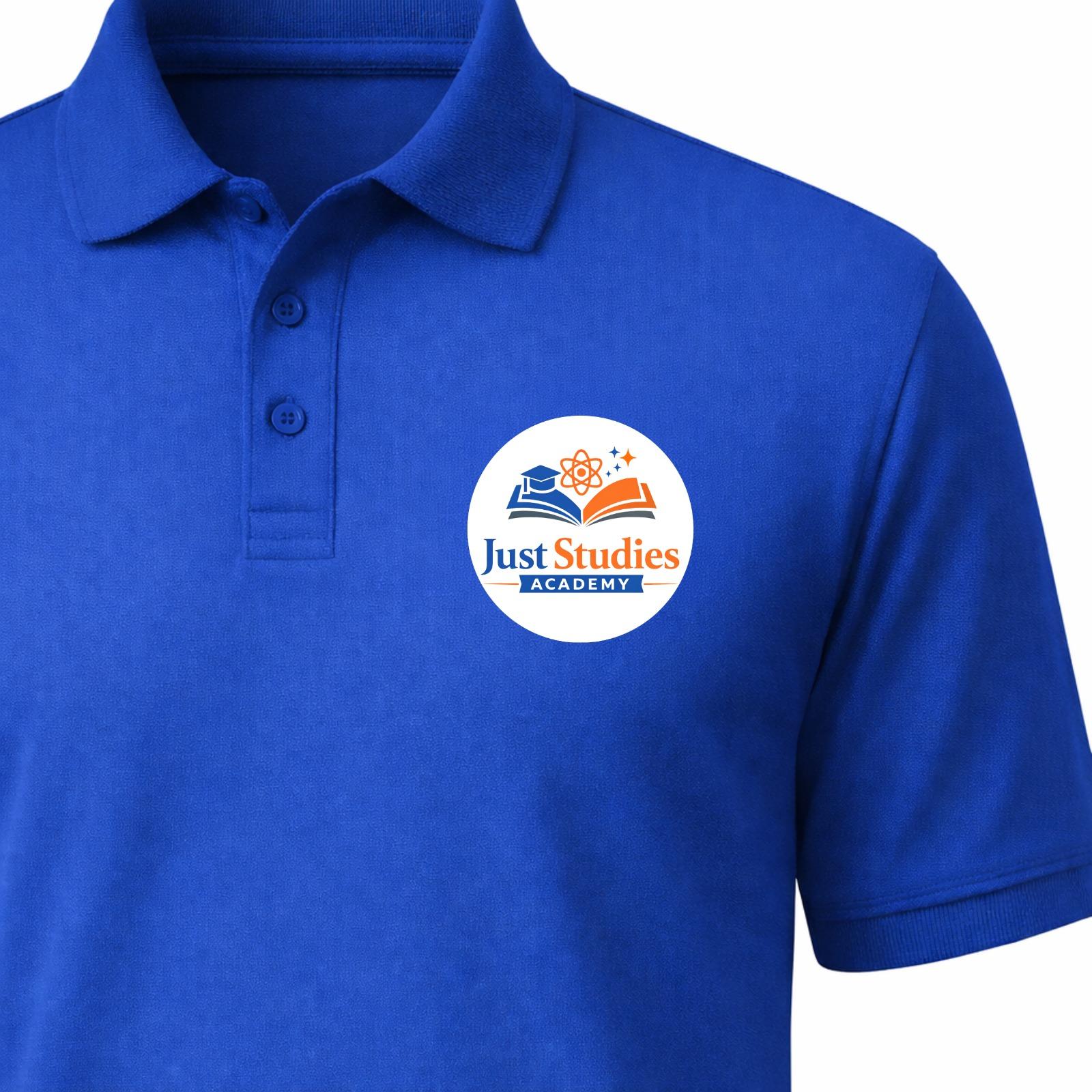 Blue Just Studies Academy polo shirt front design
