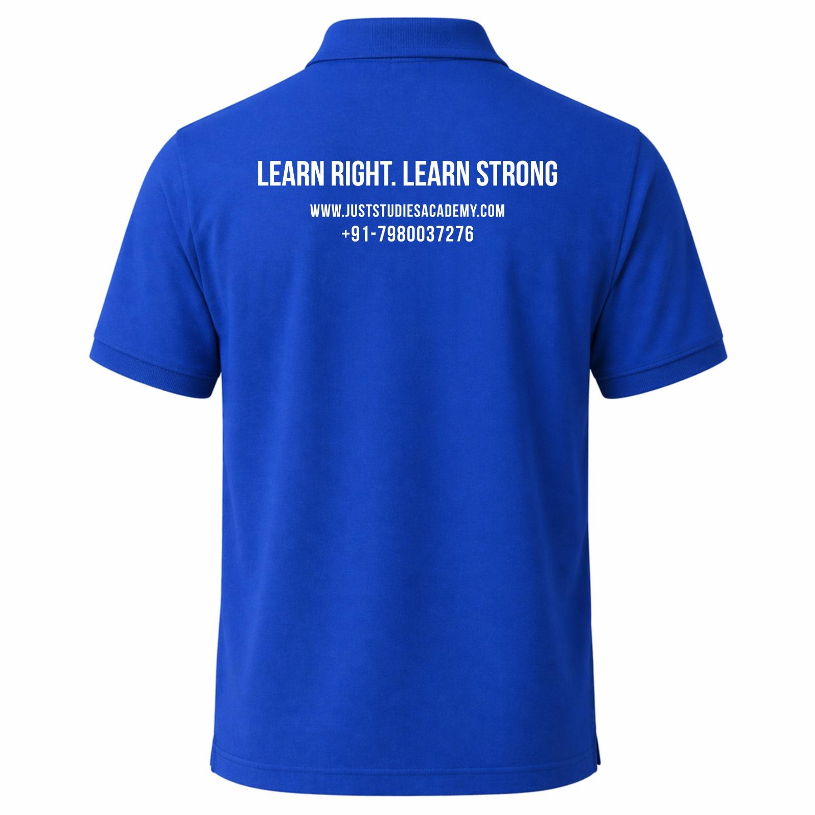 Royal blue Just Studies Academy polo shirt back design