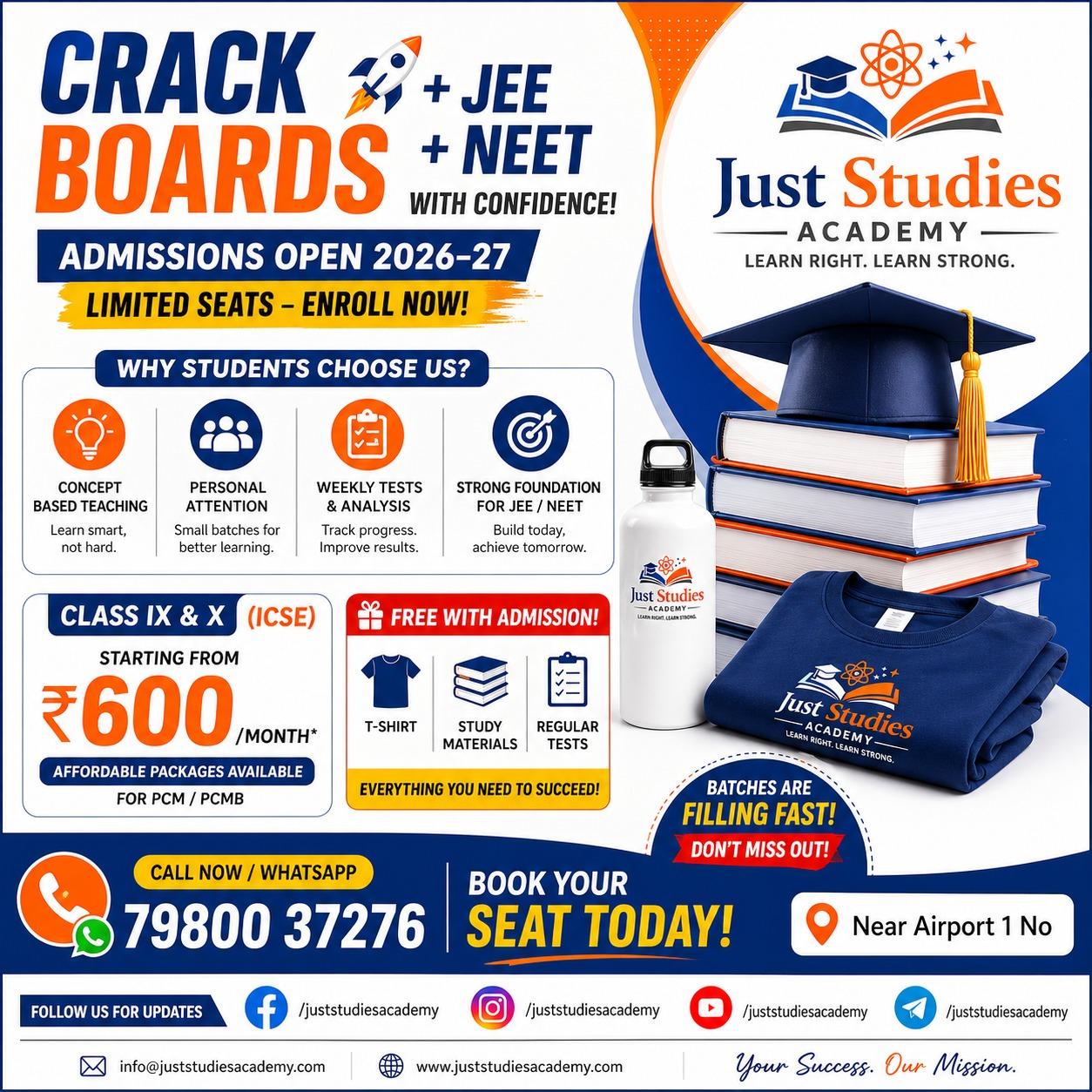 ICSE admissions and features poster by Just Studies Academy