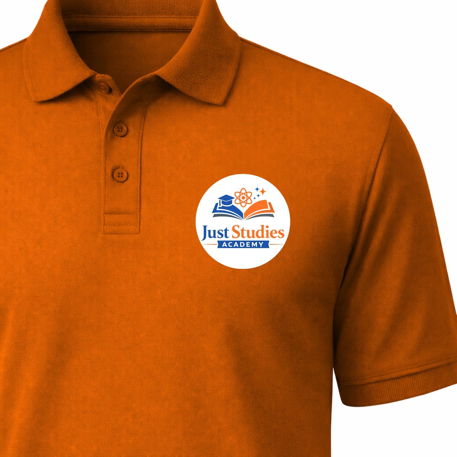 Orange Just Studies Academy polo shirt back design