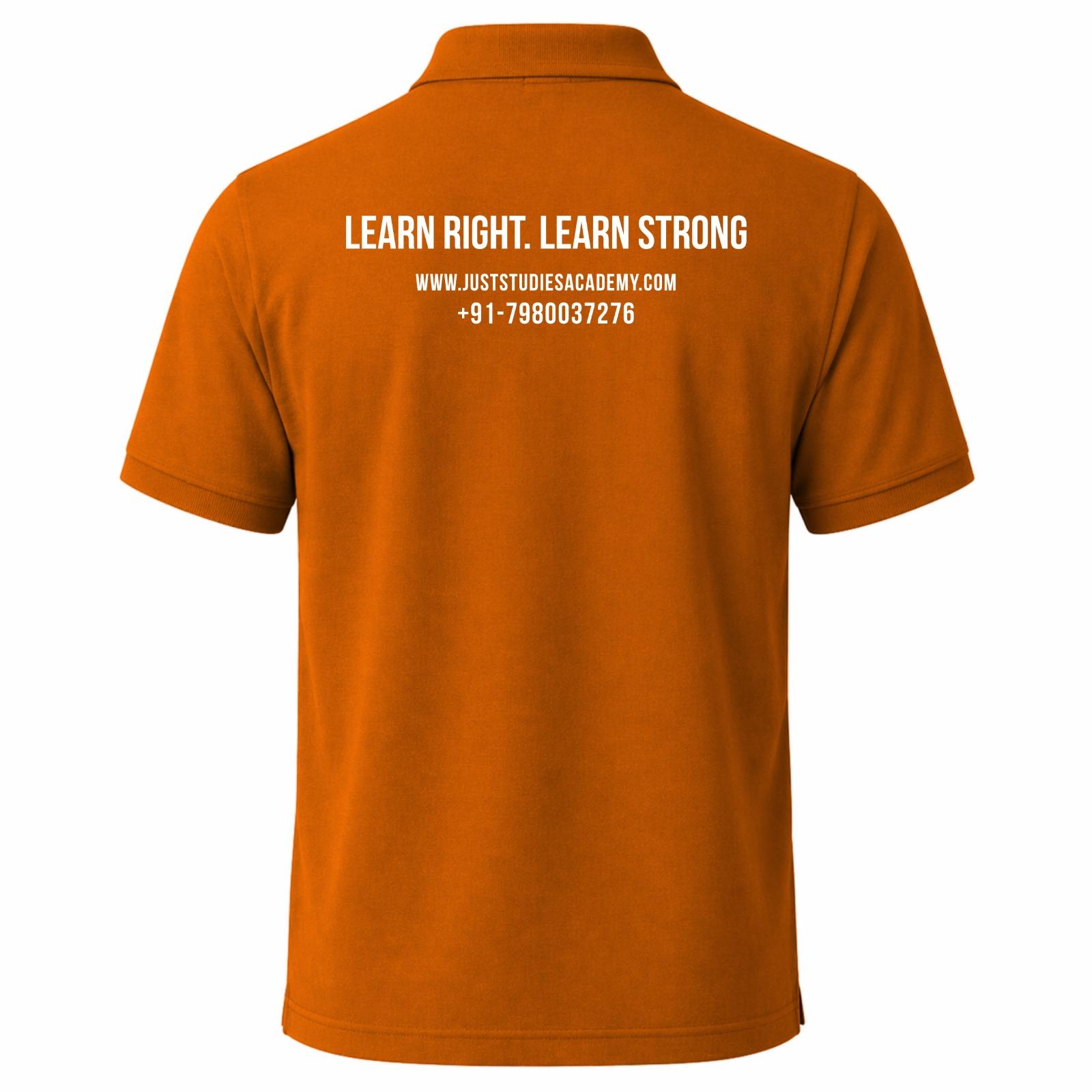Orange Just Studies Academy polo shirt front design